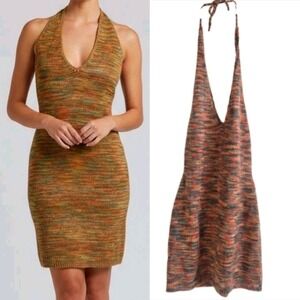 RUVE XS Vana Space Dye Knit Halter Mini Dress Orange Brown Green Boho